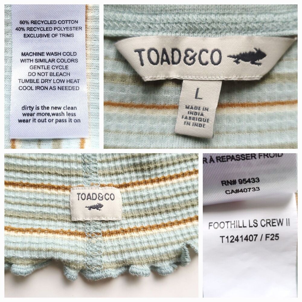Toad &Co Foothill Long Sleeve Crew II Womens L Green Stripe Thermal Waffle Knit - Picture 3 of 9